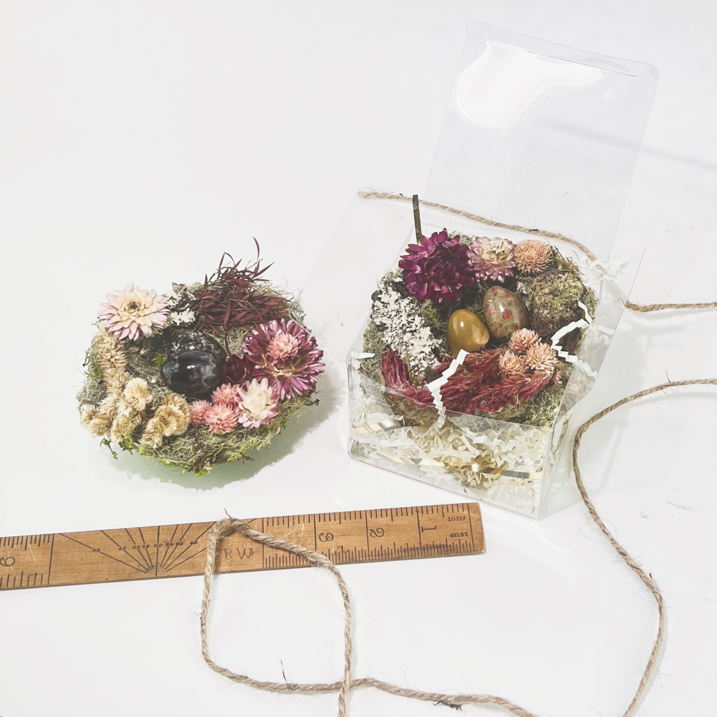 Garden Nest Crystal Altar With Dried Flowers Gemstone Eggs: Rose