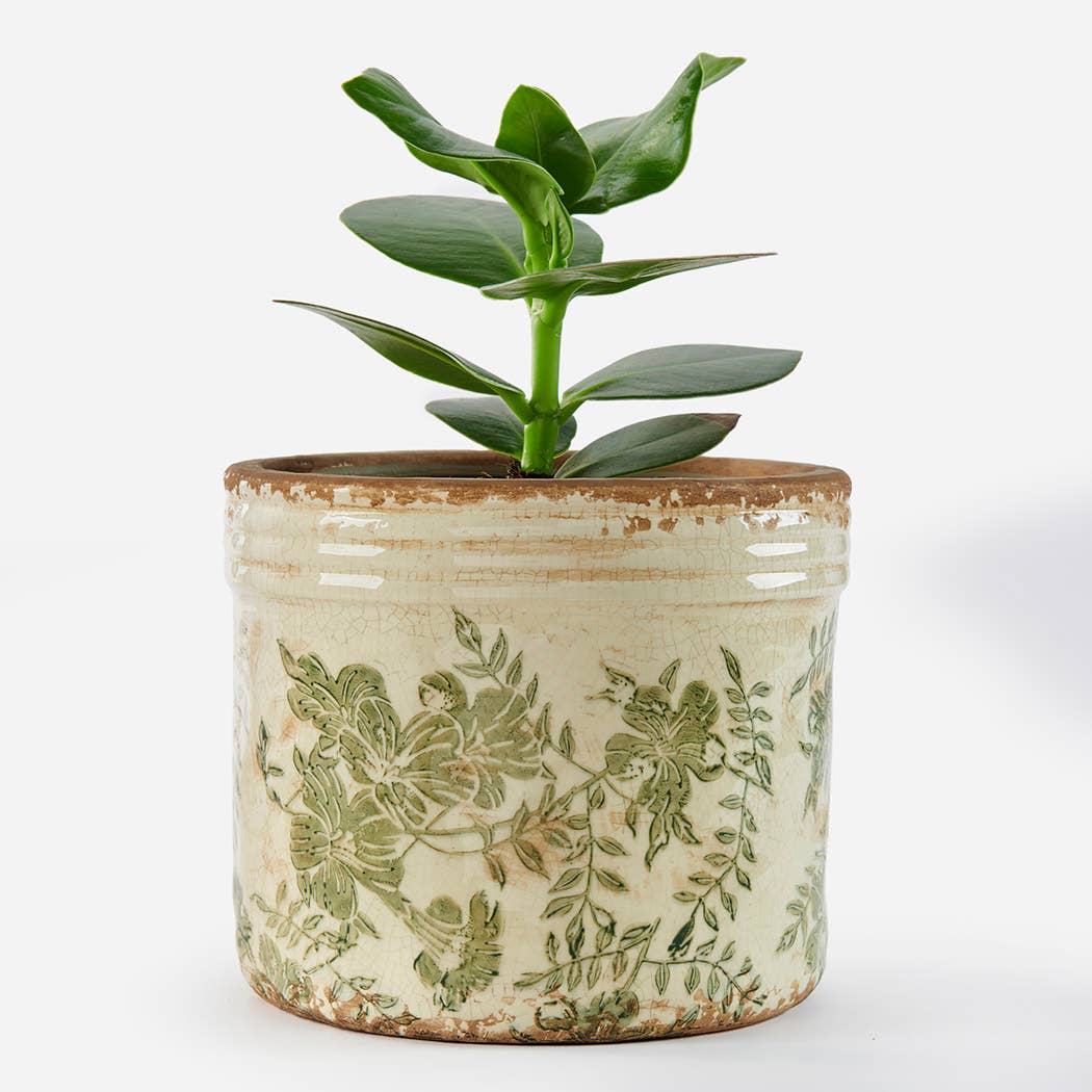 Vintage Green Flowers Pot Round