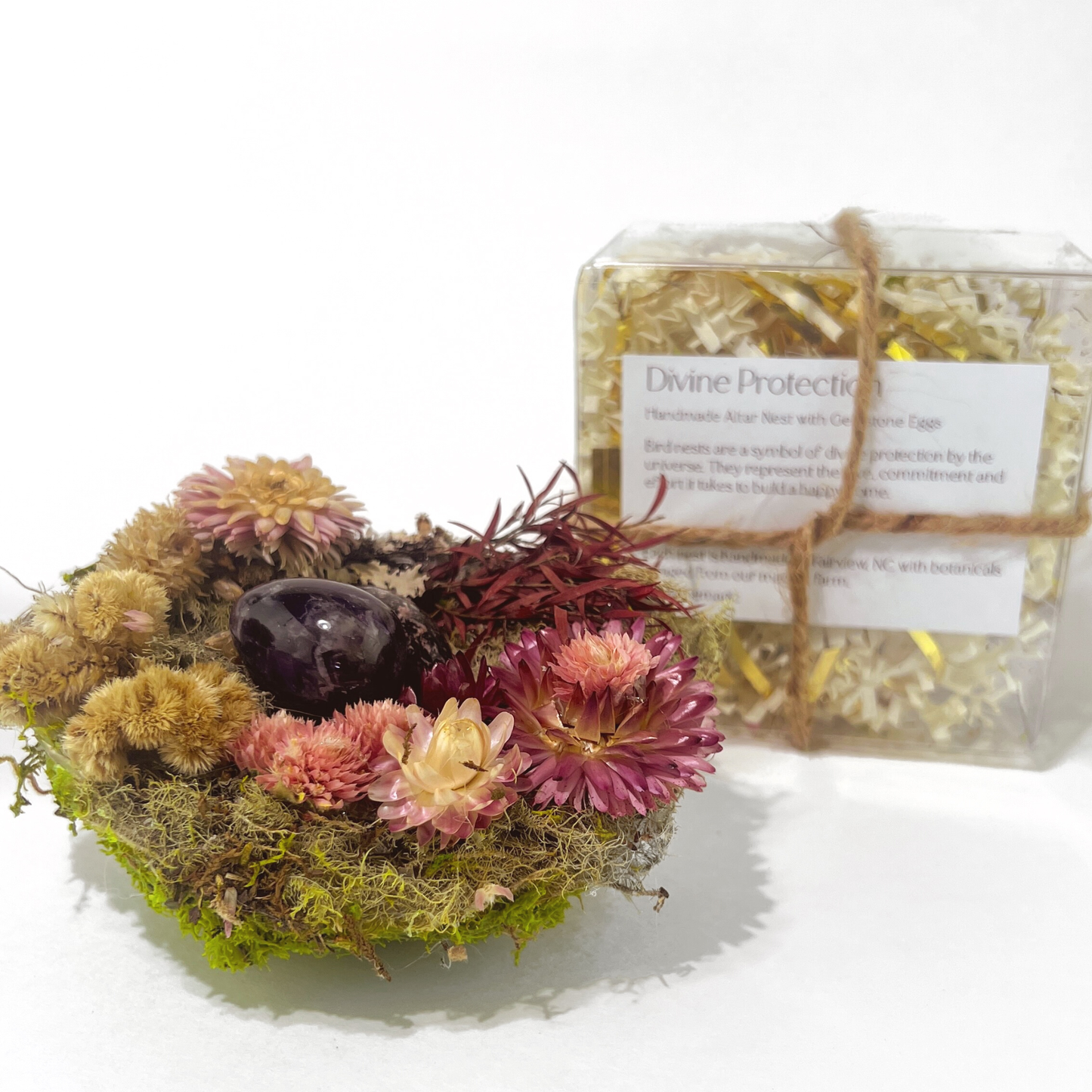 Garden Nest Crystal Altar With Dried Flowers Gemstone Eggs: Rose