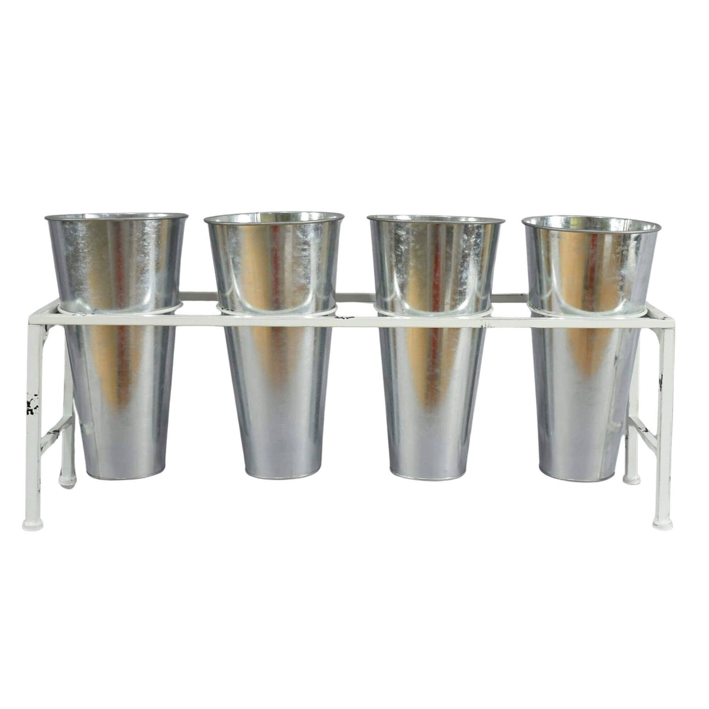WHITE METAL COUNTER DISPLAY WITH 4 GALV VASES