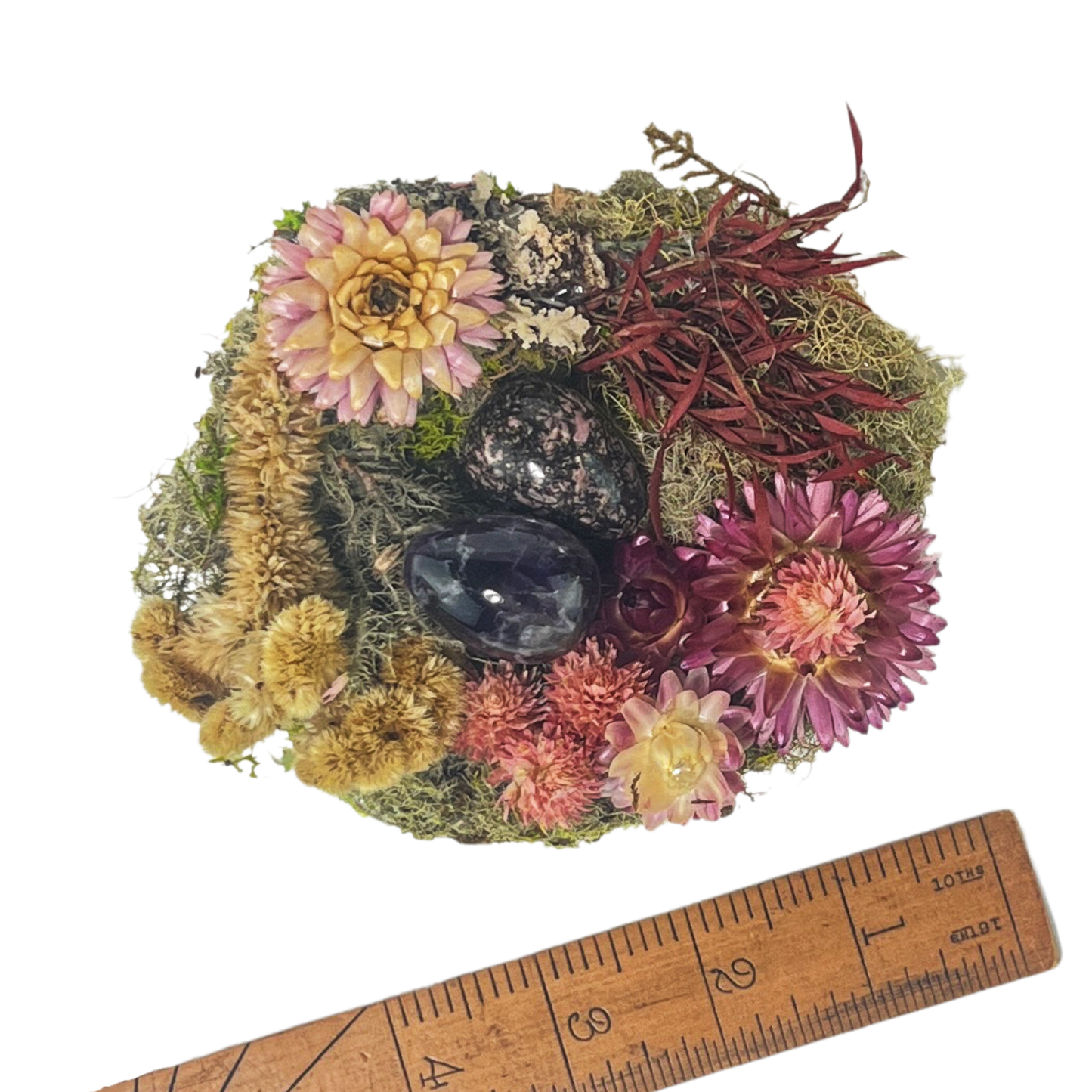 Garden Nest Crystal Altar With Dried Flowers Gemstone Eggs: Rose