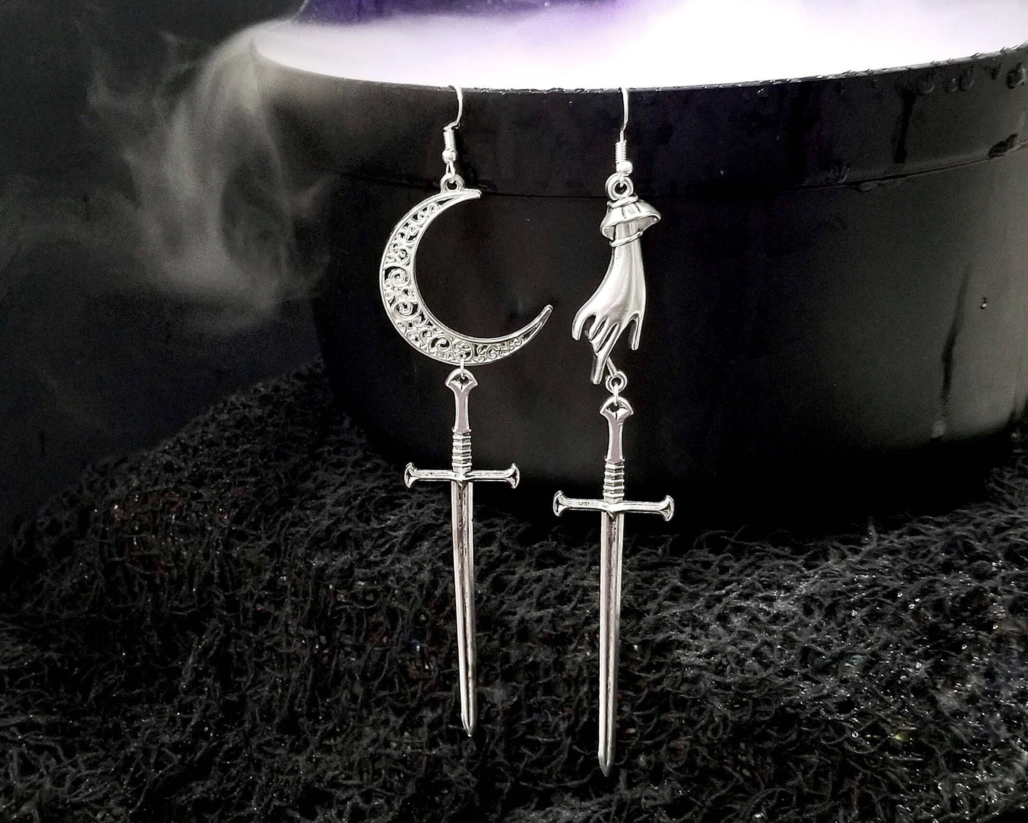 Silver Hand & Moon Sword Earrings