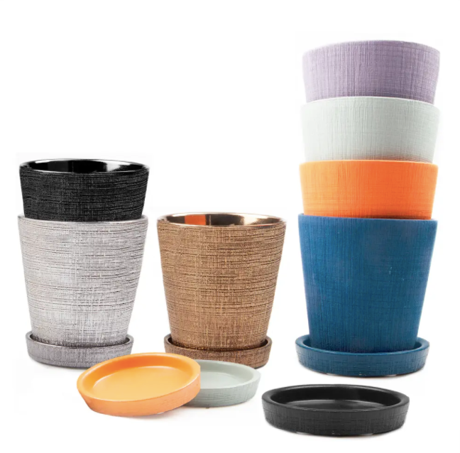 Cross Hatch Clay Pot & Saucer