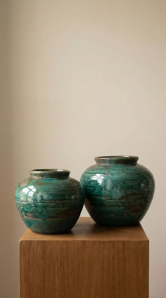 Ceramic Vase, Vintage Style, Emerald Crackle - Selva