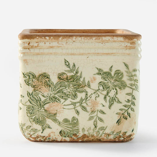 Vintage Green Flowers Square Pot