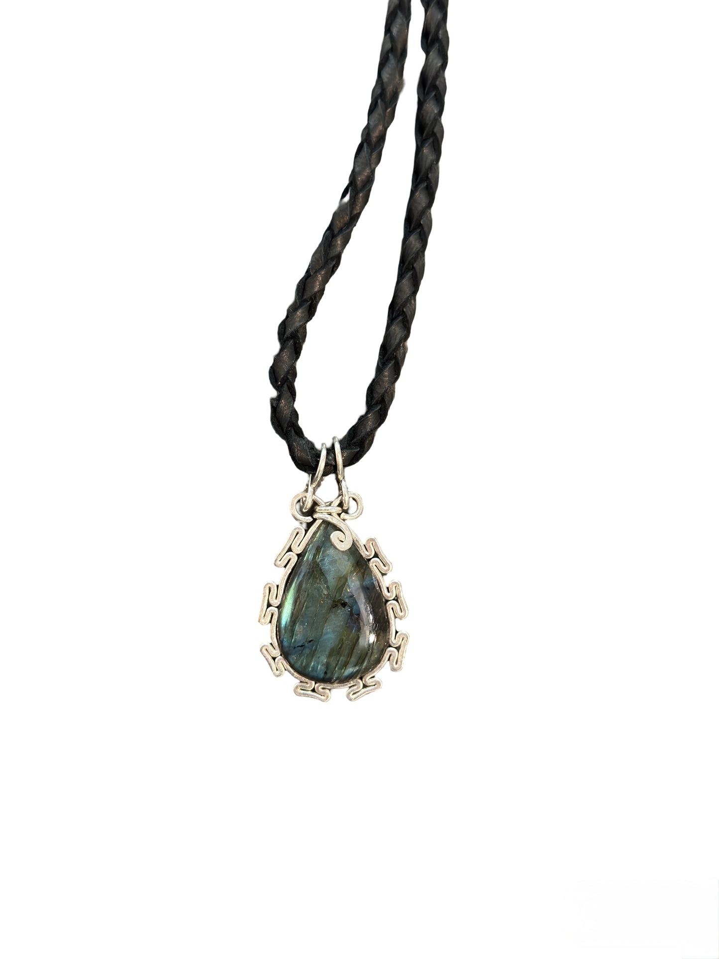 Labradorite and Silver Necklace | Braided Black Deer Leather