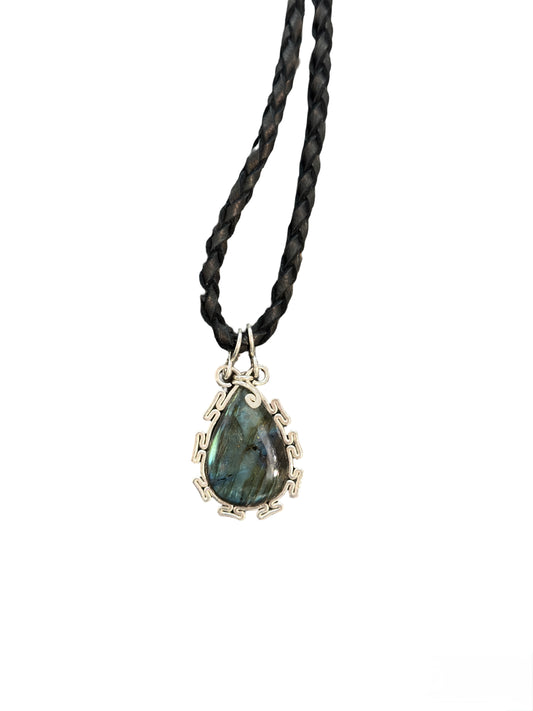 Labradorite and Silver Necklace | Braided Black Deer Leather