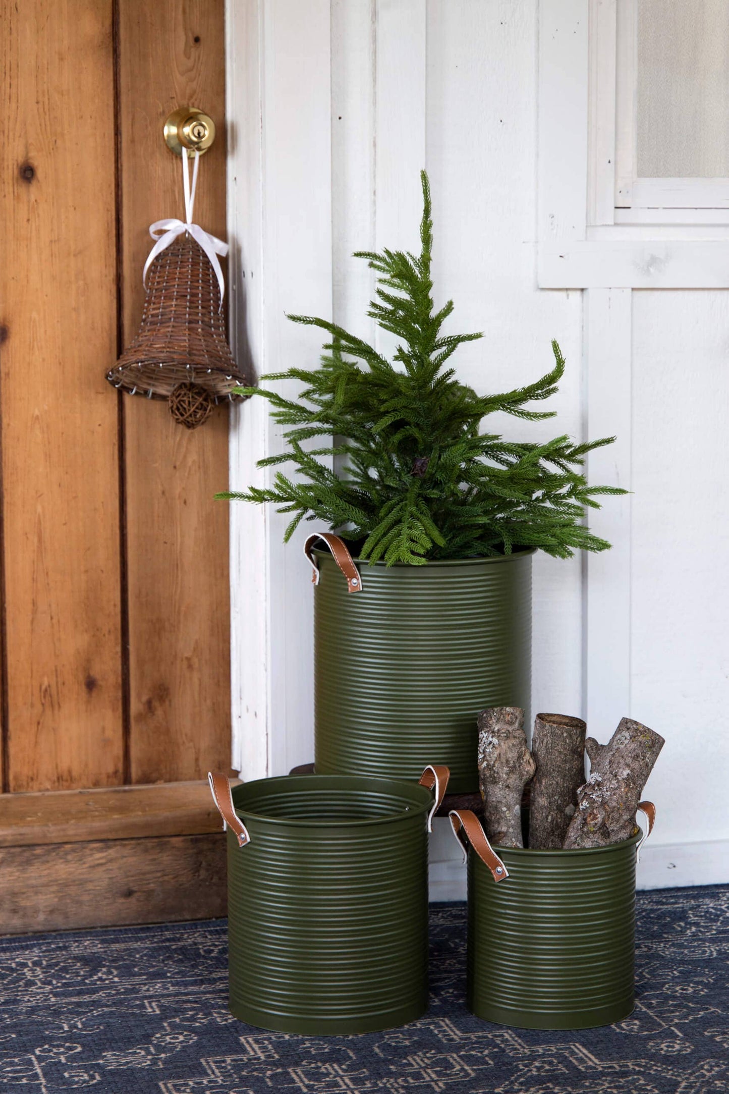 S/3 round metal dark green tubs with brown ear handles