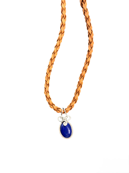 Lapis Lazuli and Silver Necklace | Braided Brown Deer Leather
