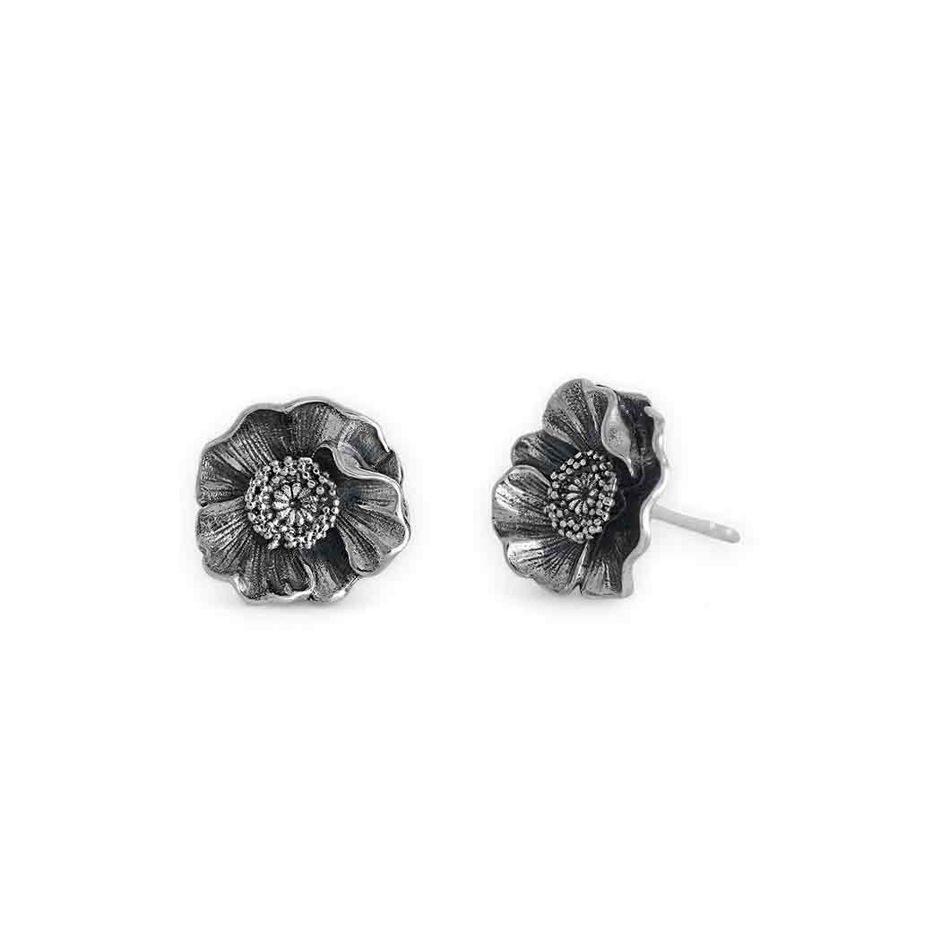Poppy Flower Stud Earrings Sterling Silver