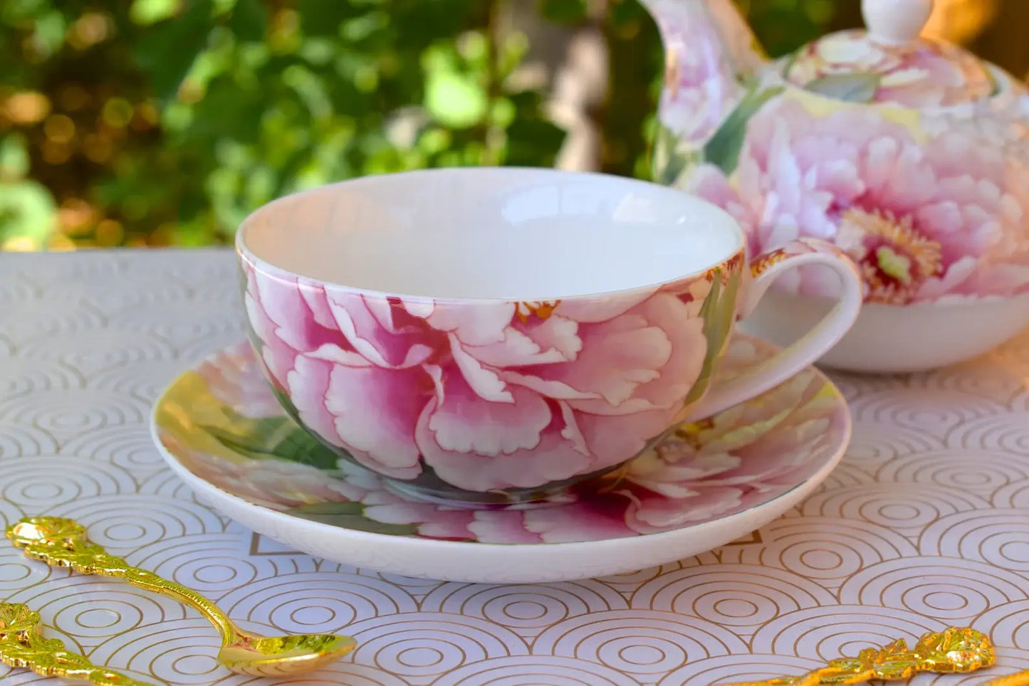 Tea for One Gift Set. Ivory and Rose Blush Peonies Flowers