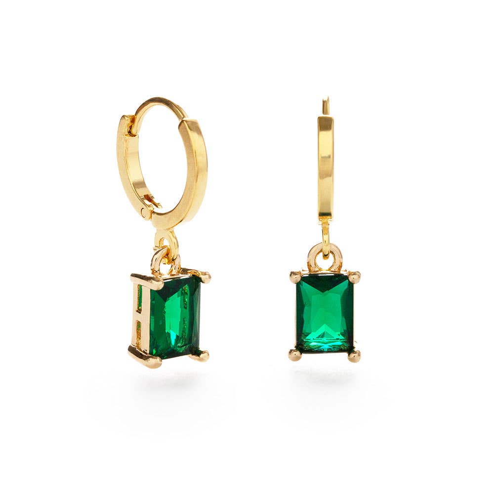Emerald Green Rectangle Stone Huggie Hoop Earrings