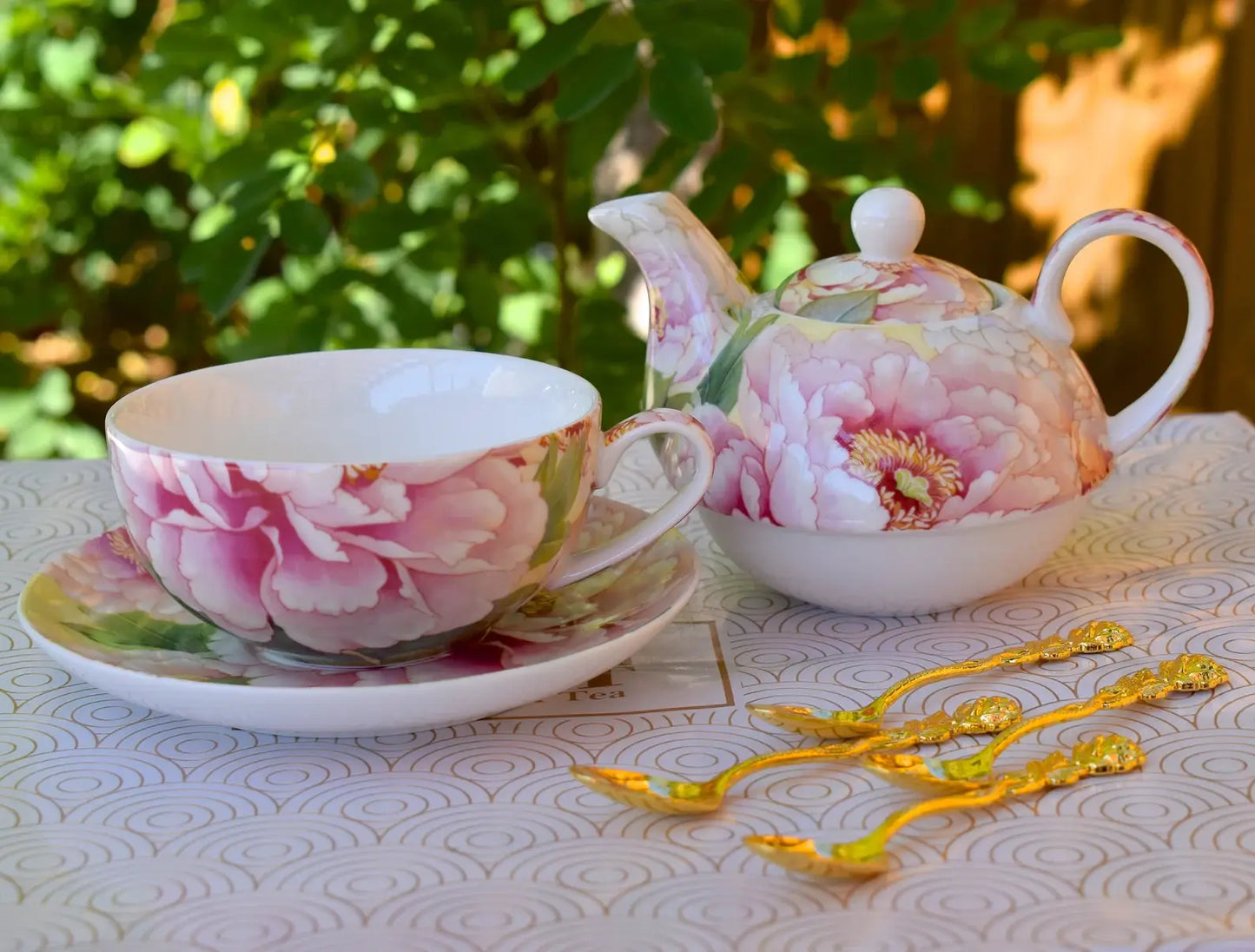 Tea for One Gift Set. Ivory and Rose Blush Peonies Flowers