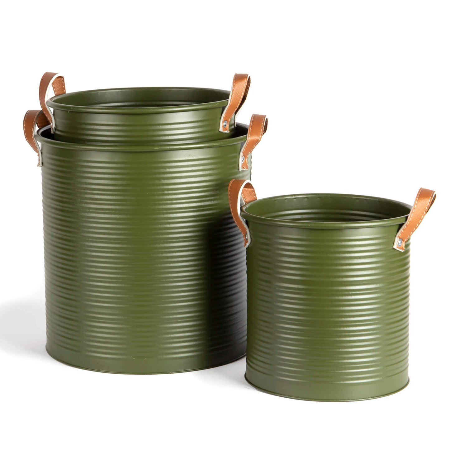 S/3 round metal dark green tubs with brown ear handles