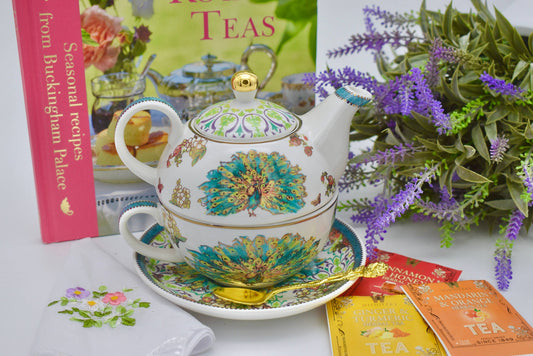 Tea for One. Peacock Regal Green Emerald and Gold Bird