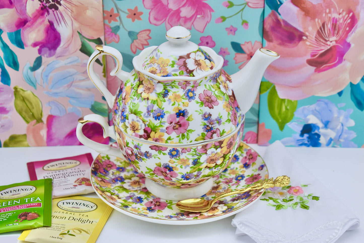 Tea for One Summertime Chintz Garden Pink Yellow Blue Flower