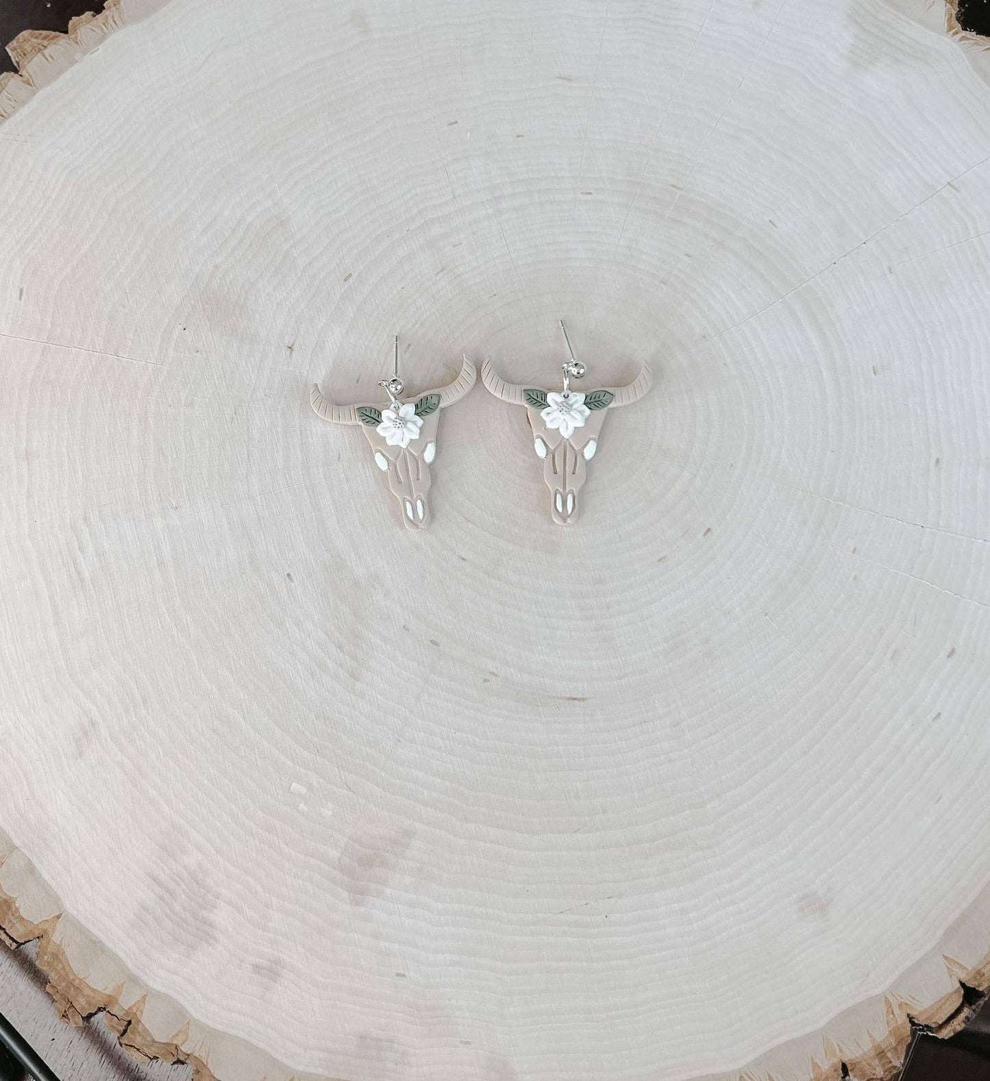 Floral Boho Bull Skull Dangle Earrings